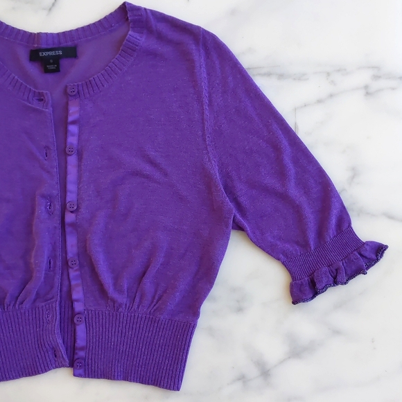 Express Cotton Rayon Ruffle Edge Short Sleeve Cropped Purple Knit Cardigan. - Picture 4 of 4